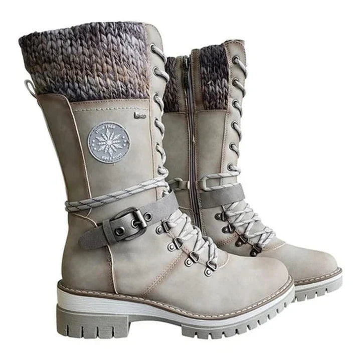 Cozy Knit Cuff Rainproof Boots for Women with Lace Up Buckle Strap Mid Calf Winter Style