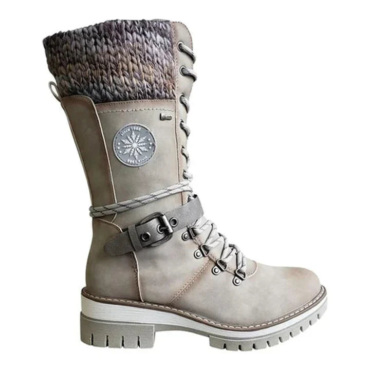 Cozy Knit Cuff Rainproof Boots for Women with Lace Up Buckle Strap Mid Calf Winter Style