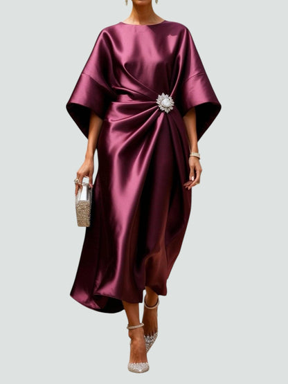 Elegant Satin Midi Dress for Women with Batwing Sleeve Brooch Waist Draped Formal Wedding Guest Style