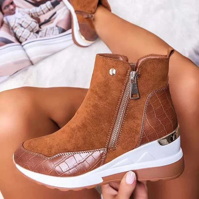 Stylish Brown Boots for Women with Zip Ankle Round Toe Wedge Style