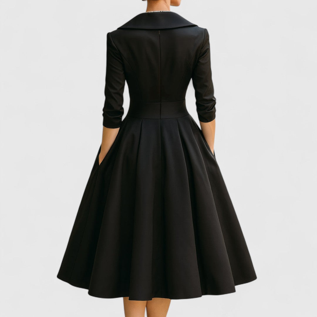 Elegant Satin Midi Dress for Women with Elbow Sleeve Shawl Collar Wrap Bodice Formal Wedding Guest Style