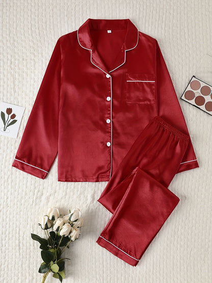 Comfortable Satin Pajamas for Women with Collar Button Front Piping Trim