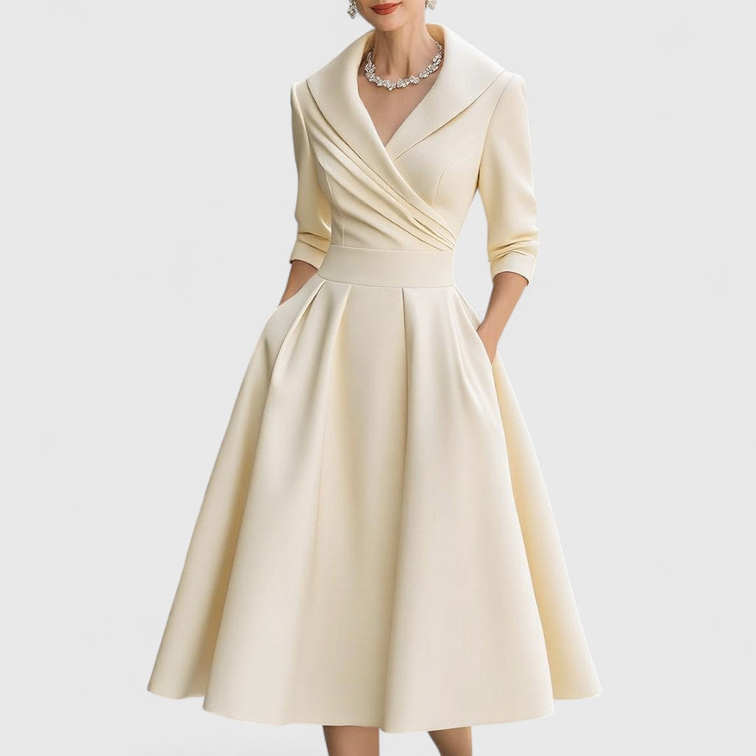 Elegant Satin Midi Dress for Women with Elbow Sleeve Shawl Collar Wrap Bodice Formal Wedding Guest Style