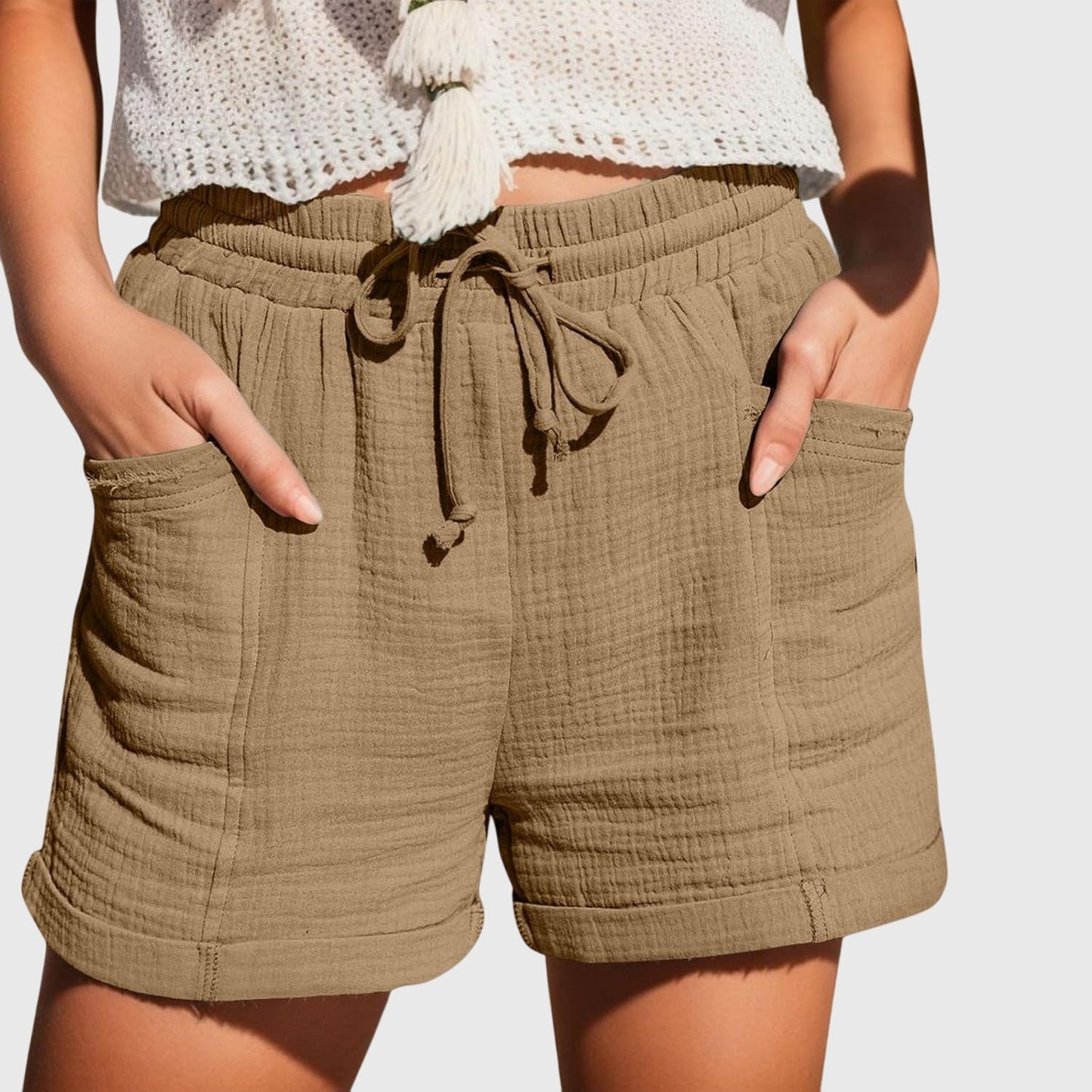 Effortless Khaki Cotton Gauze Shorts for Women with High Waist Drawstring Cuffed Relaxed Casual Style