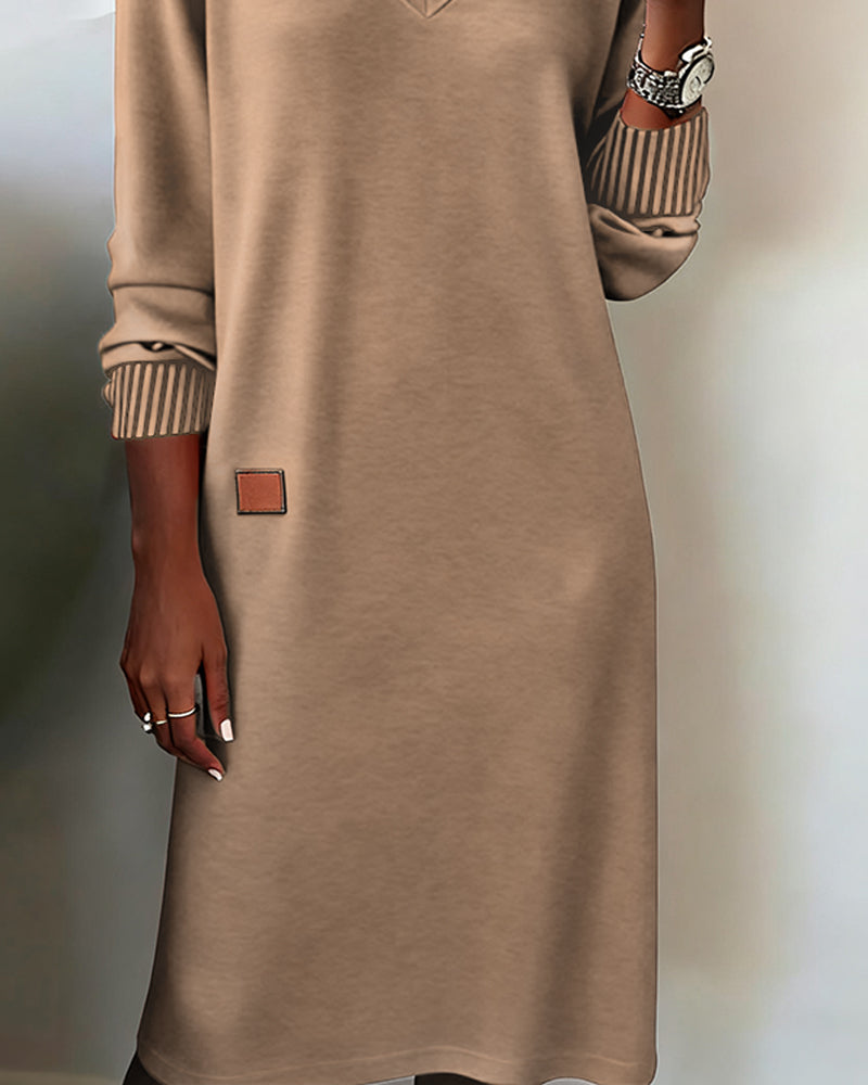 Comfortable Knit Sweater Dress for Women with V Neck Long Sleeve Striped Cuff Relaxed Style