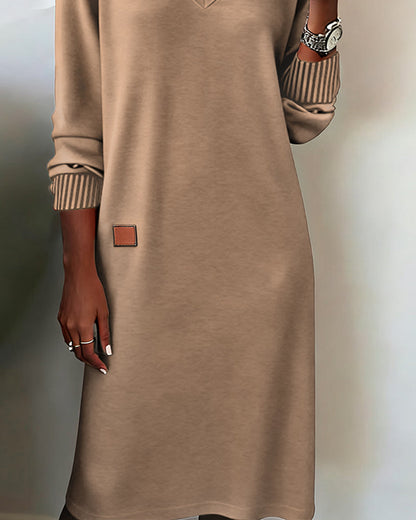 Comfortable Knit Sweater Dress for Women with V Neck Long Sleeve Striped Cuff Relaxed Style