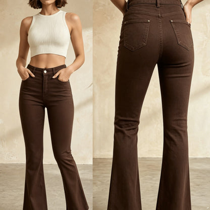 Effortless Coffee Brown High Waisted Jeans for Women with Flare Leg Button Front Stacked Western Style