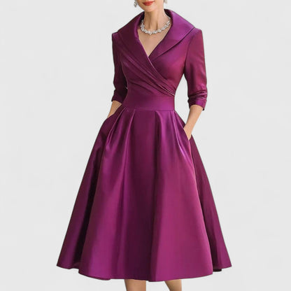 Elegant Satin Midi Dress for Women with Elbow Sleeve Shawl Collar Wrap Bodice Formal Wedding Guest Style