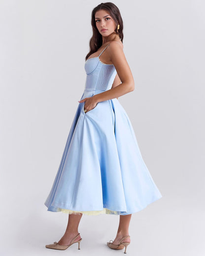 Elegant Bustier Midi Dress for Women with Sweetheart Neckline Spaghetti Strap Tulle Hem Flowing Style