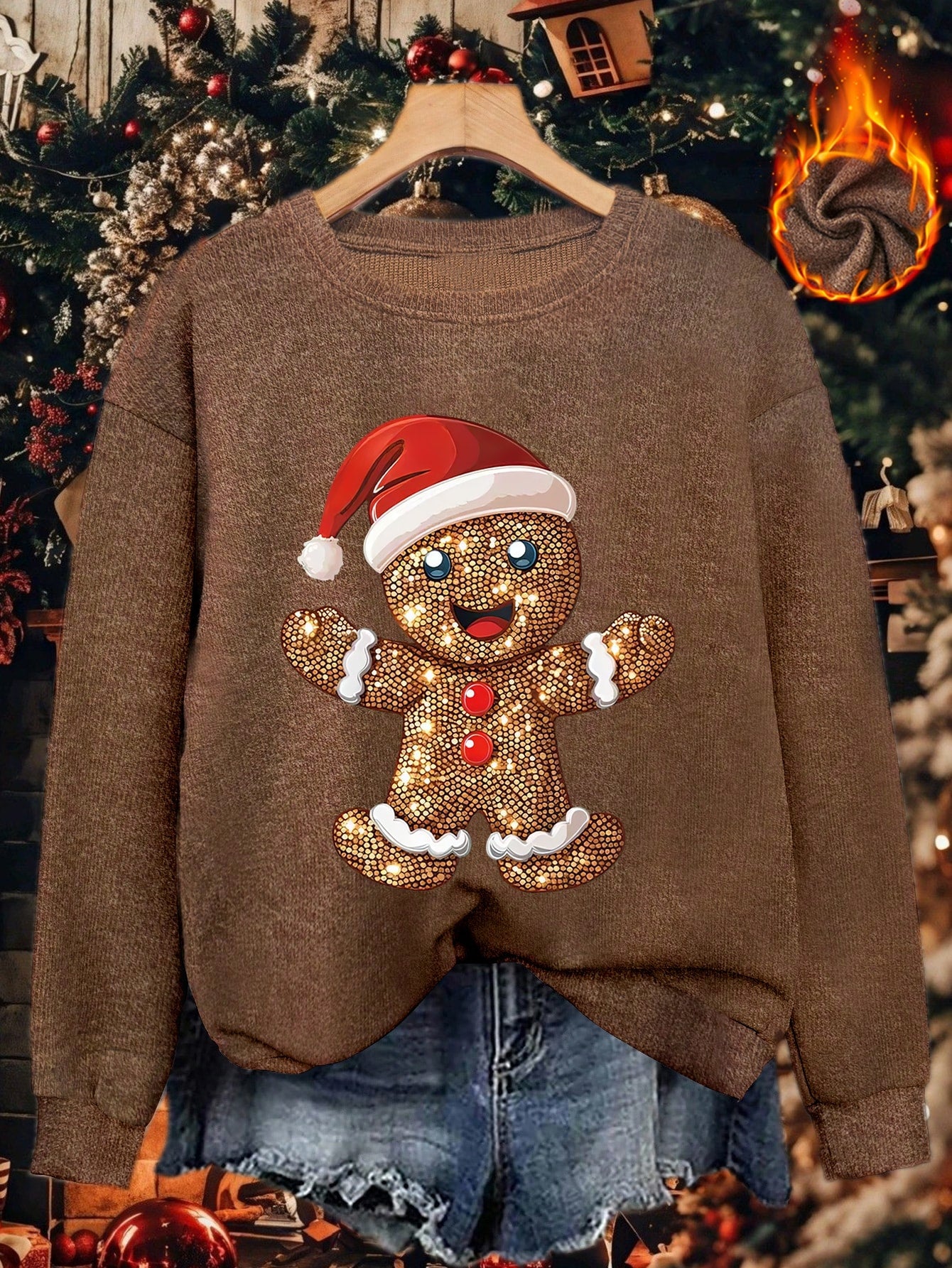 Comfortable Gingerbread Print Christmas Tacky Sweater for Women with Crew Neck Long Sleeve Sequin Graphic Pullover Style