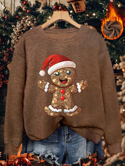 Comfortable Gingerbread Print Christmas Tacky Sweater for Women with Crew Neck Long Sleeve Sequin Graphic Pullover Style