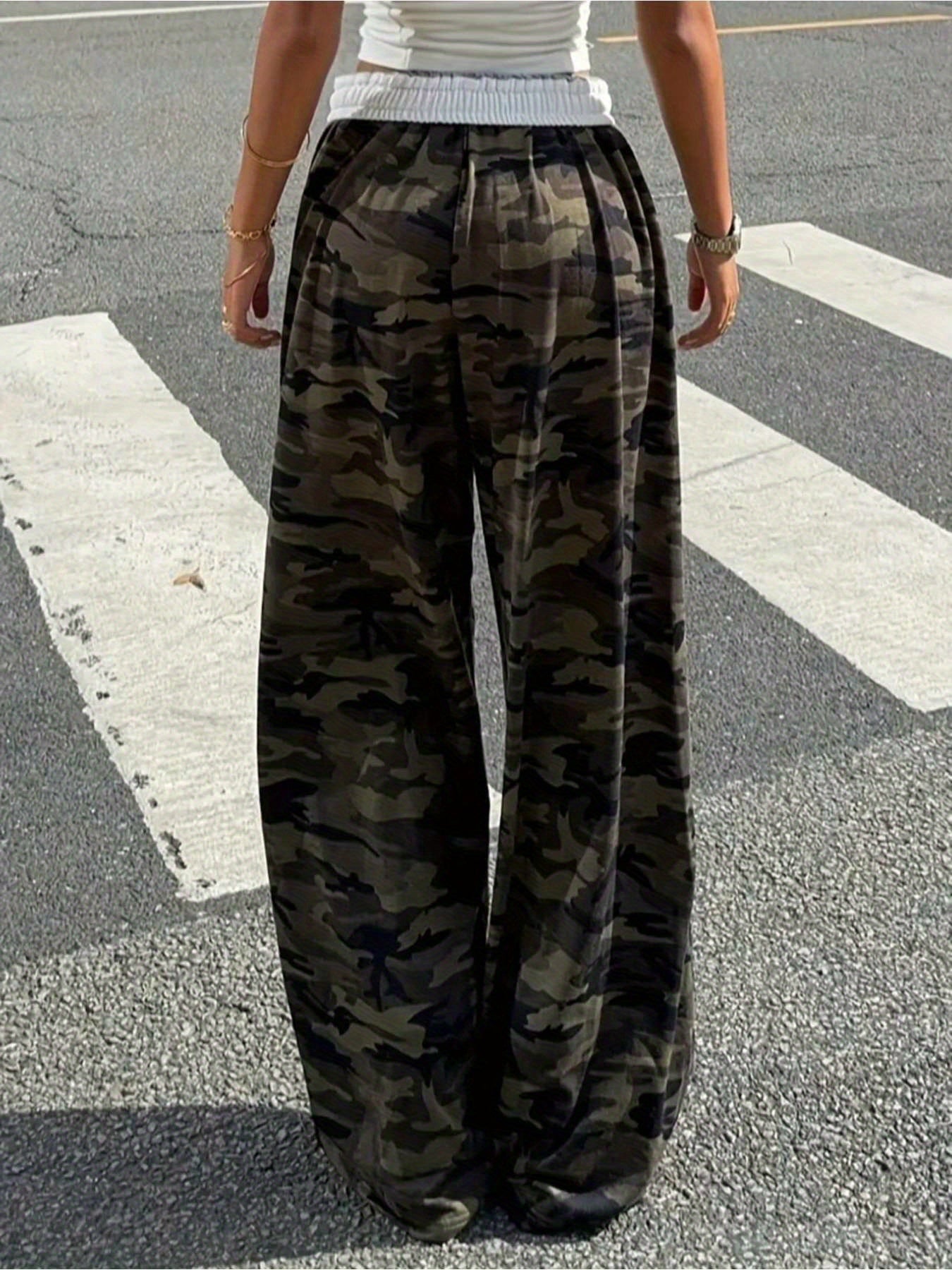 Effortless Army Green Camo Pants for Women with High Waist Drawstring Wide Leg Relaxed Casual Style