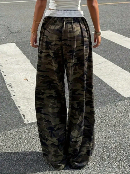 Effortless Army Green Camo Pants for Women with High Waist Drawstring Wide Leg Relaxed Casual Style