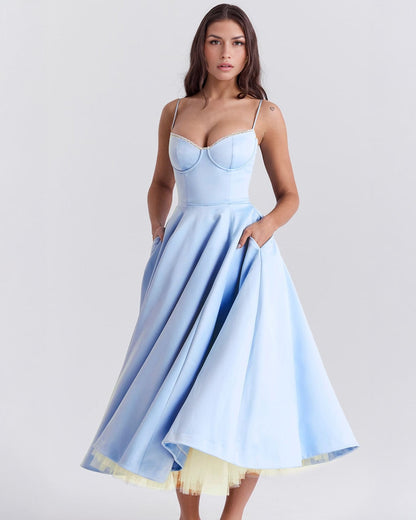 Elegant Bustier Midi Dress for Women with Sweetheart Neckline Spaghetti Strap Tulle Hem Flowing Style
