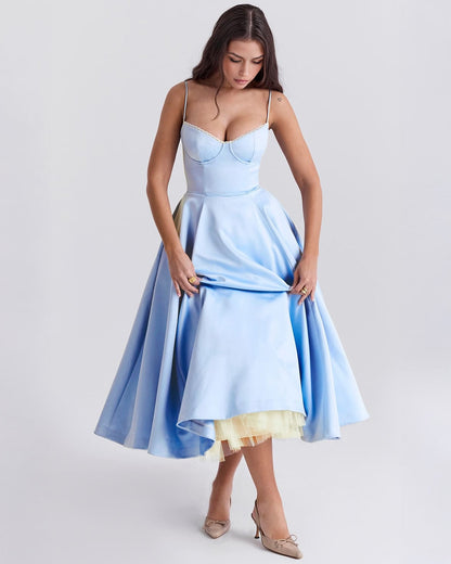 Elegant Bustier Midi Dress for Women with Sweetheart Neckline Spaghetti Strap Tulle Hem Flowing Style