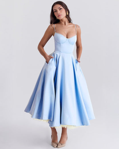 Elegant Bustier Midi Dress for Women with Sweetheart Neckline Spaghetti Strap Tulle Hem Flowing Style