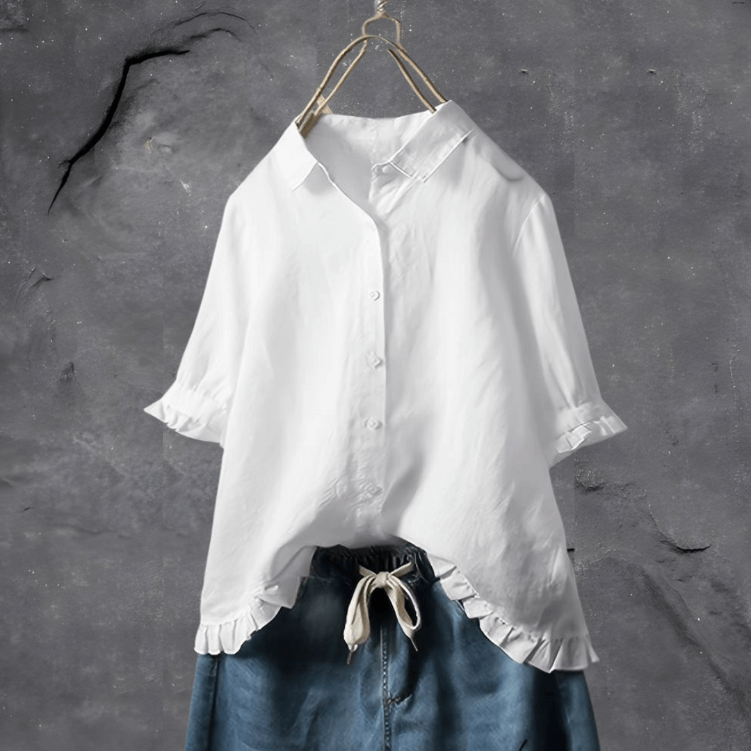 Effortless Linen Shirt for Women with Collar Half Sleeve Ruffle Hem Relaxed Style