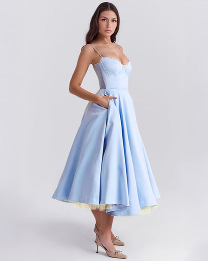 Elegant Bustier Midi Dress for Women with Sweetheart Neckline Spaghetti Strap Tulle Hem Flowing Style