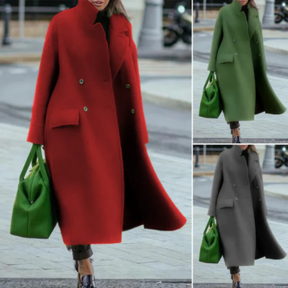 Elegant Wool Trench Coat for Women with Stand Collar Long Sleeve Double Breasted Maxi Style