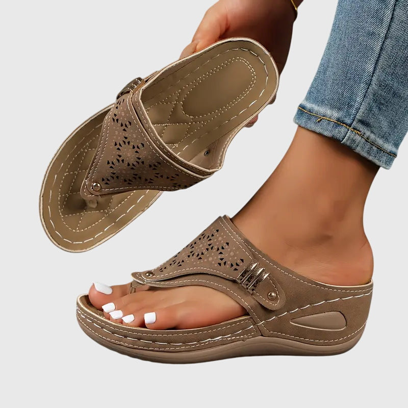 Comfortable Orthopedic Sandals for Women with Laser Cut Wedge Platform Toe Loop Buckle Flip Flop Style