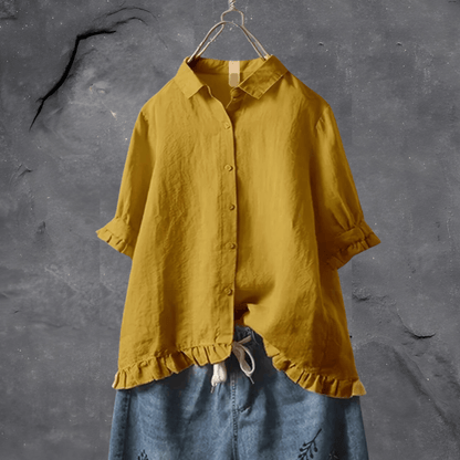 Effortless Linen Shirt for Women with Collar Half Sleeve Ruffle Hem Relaxed Style
