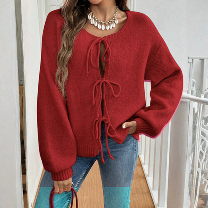 Cozy Knit Cardigan for Women with Round Neck Long Sleeve Tie Front Relaxed Style