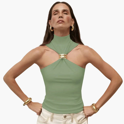 Elegant Halter Top for Women with Mock Neck Sleeveless Gold Ring Cutout Style