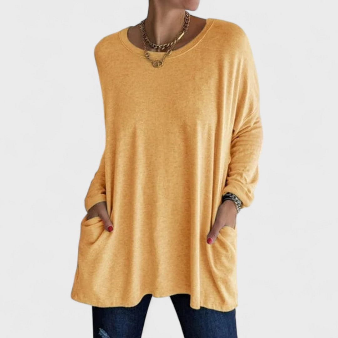 Comfortable Oversized Tunic for Women with Crew Neck Long Sleeve Side Pocket Relaxed Style