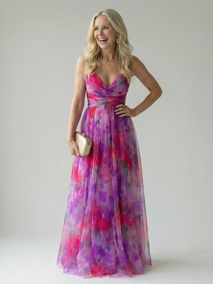 Effortless Watercolor Floral Maxi Dress for Women with V Neck Sleeveless Ruched Flowing Autumn Wedding Guest Style