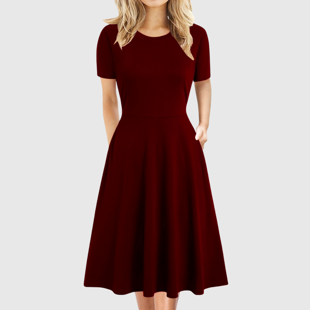Elegant A Line Dress for Women with Round Neck Short Sleeve Fit and Flare Midi Casual Retro Style