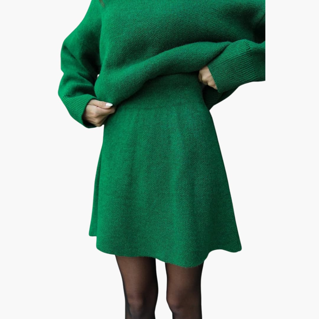 Chic Black Knit Two Piece Set for Women with Crew Neck Sweater High Waist Mini Skirt Lounge Style