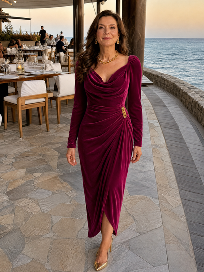 Elegant Midi Dress for Women with Cowl Neck Long Sleeve Velvet Draped Brooch Waist Formal Wedding Guest Style