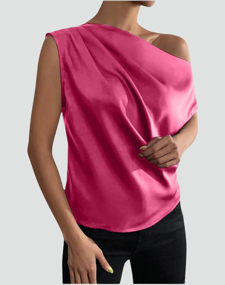 Elegant Satin Off The Shoulder Top for Women with Draped Asymmetric Sleeveless Silky Style