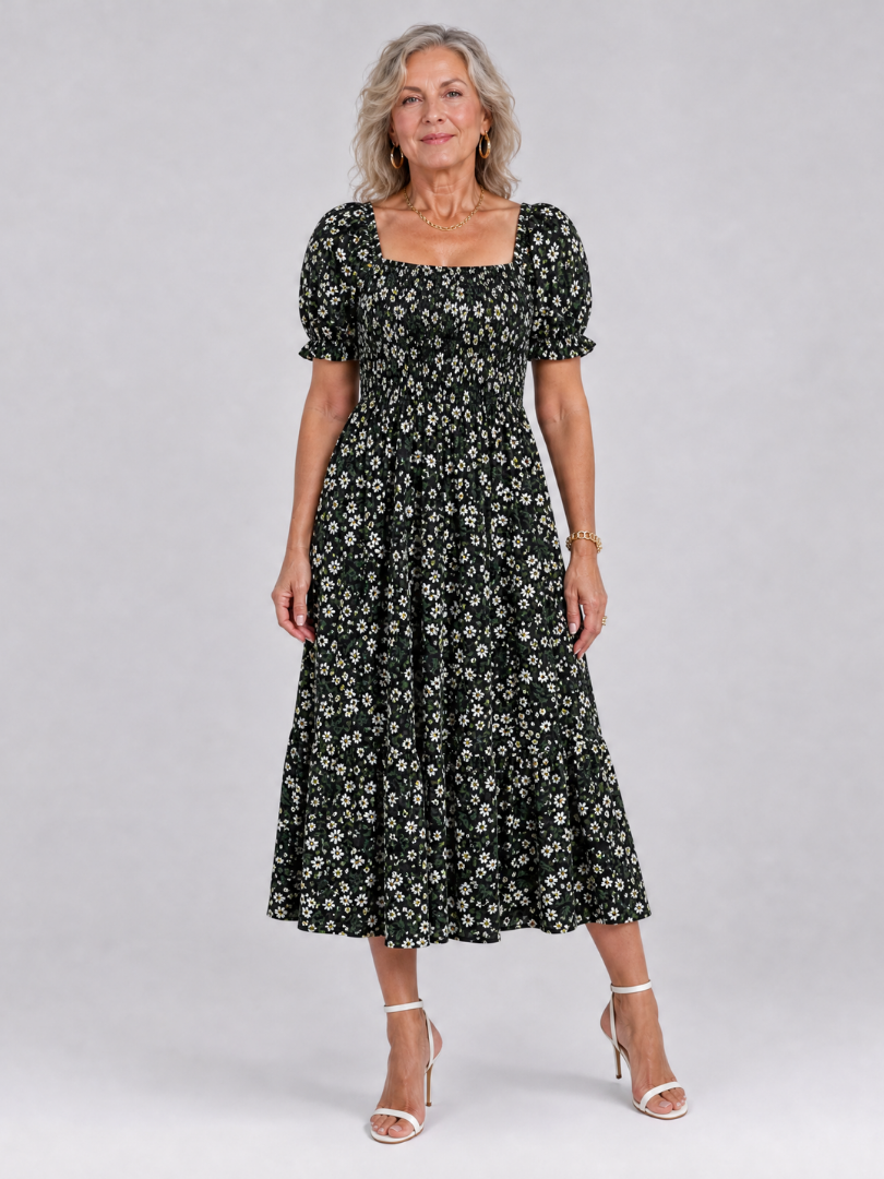 Effortless Floral Midi Dress for Women with Square Neck Puff Sleeve Smocked Bodice A Line Casual Style