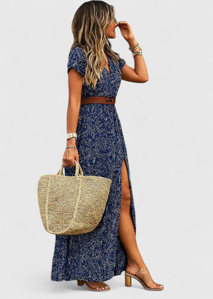 Effortless Paisley Print Maxi Dress for Women with V Neck Short Sleeve Belted Side Slit Flowing Boho Style