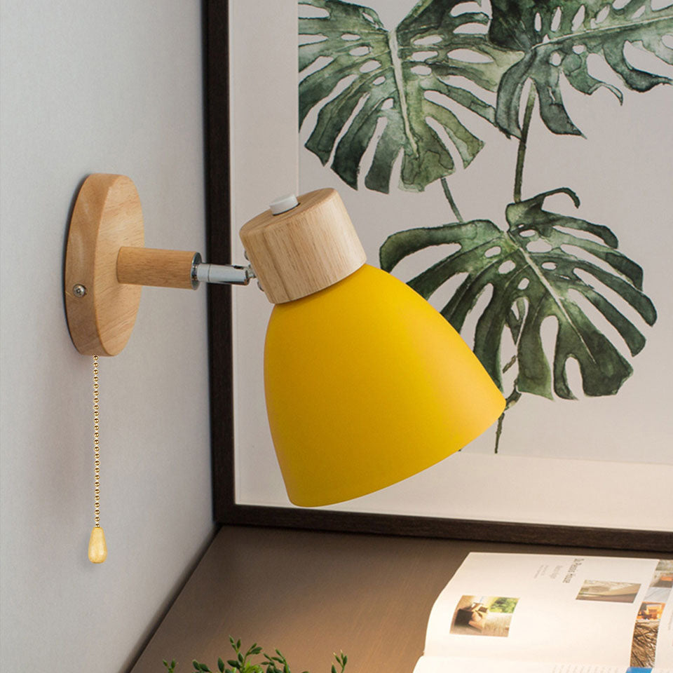 Macaron Wall Lamp Wood Metal Adjustable Shade Pull-Chain Nordic Bedside Sconce Wall Light