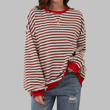 Comfortable Striped Sweatshirt for Women with Crew Neck Long Sleeve Contrast Trim Oversized Style