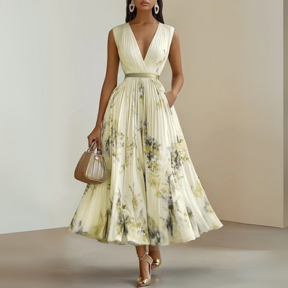 Elegant Floral Midi Dress for Women with V Neck Sleeveless Pleated Skirt Belted Waist Formal Style