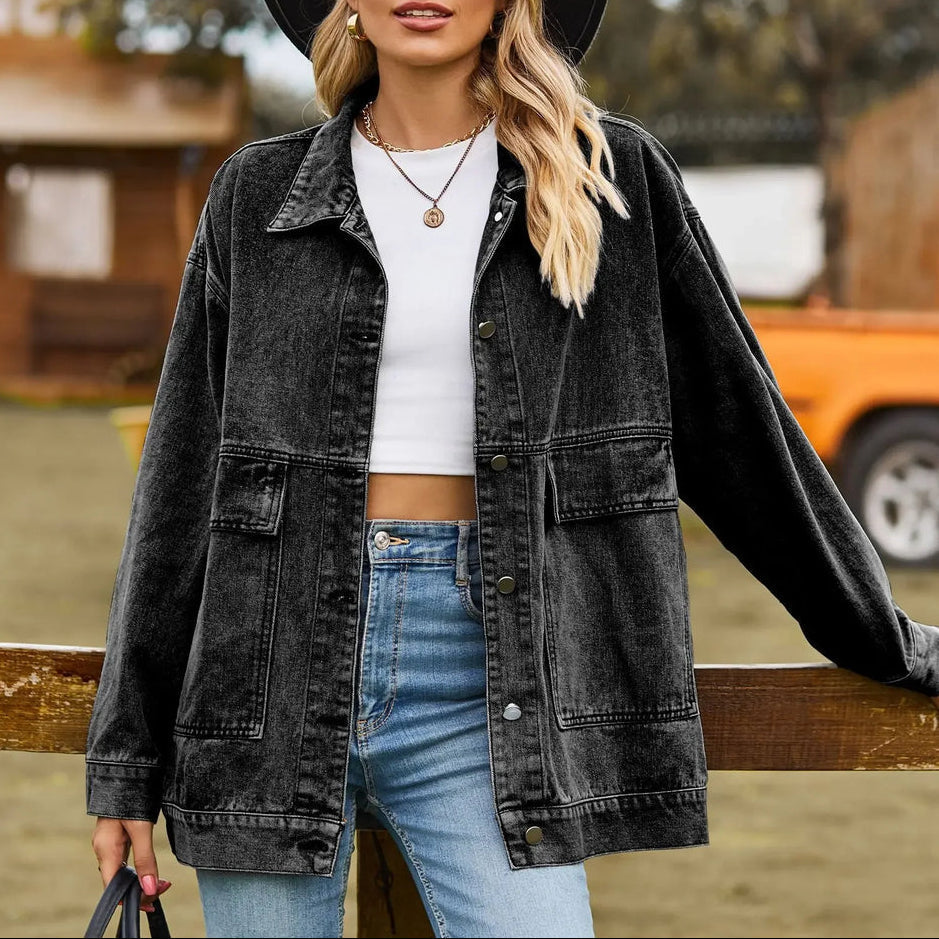 Effortless Denim Jacket for Women with Spread Collar Long Sleeve Button Front Washed Oversized Style
