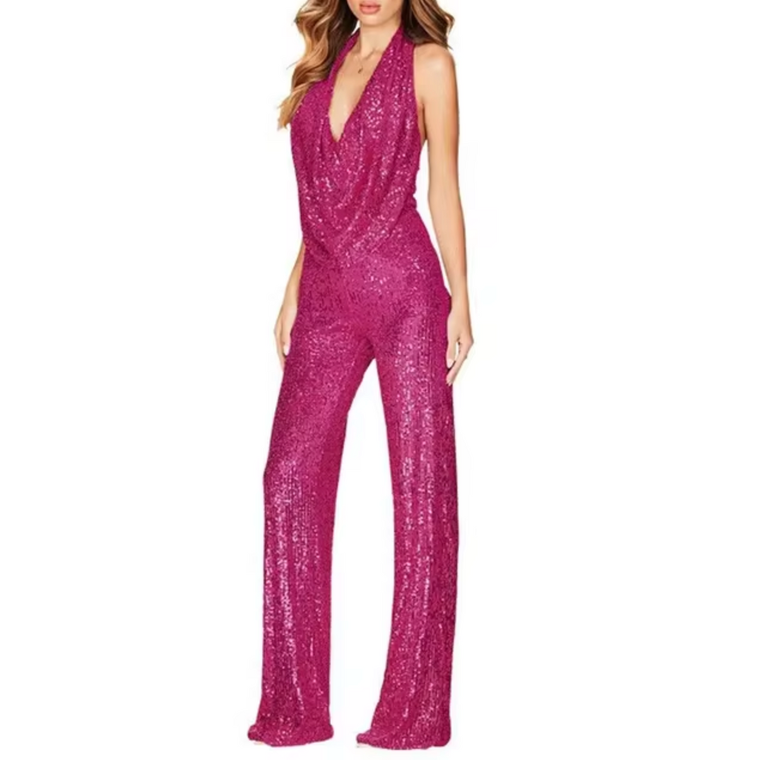 Elegant Sequin Jumpsuit for Women with Halter Cowl Neck Sleeveless Wide Leg Sparkle Formal Party Style