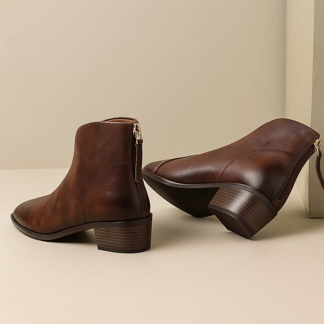 Elegant Leather Ankle Women Boots with Pointed Toe Block Heel Side Zip Style