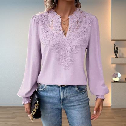 Elegant Swiss Dot Lace Blouse for Women with V Neck Bishop Sleeve Crochet Trim Flowing Style