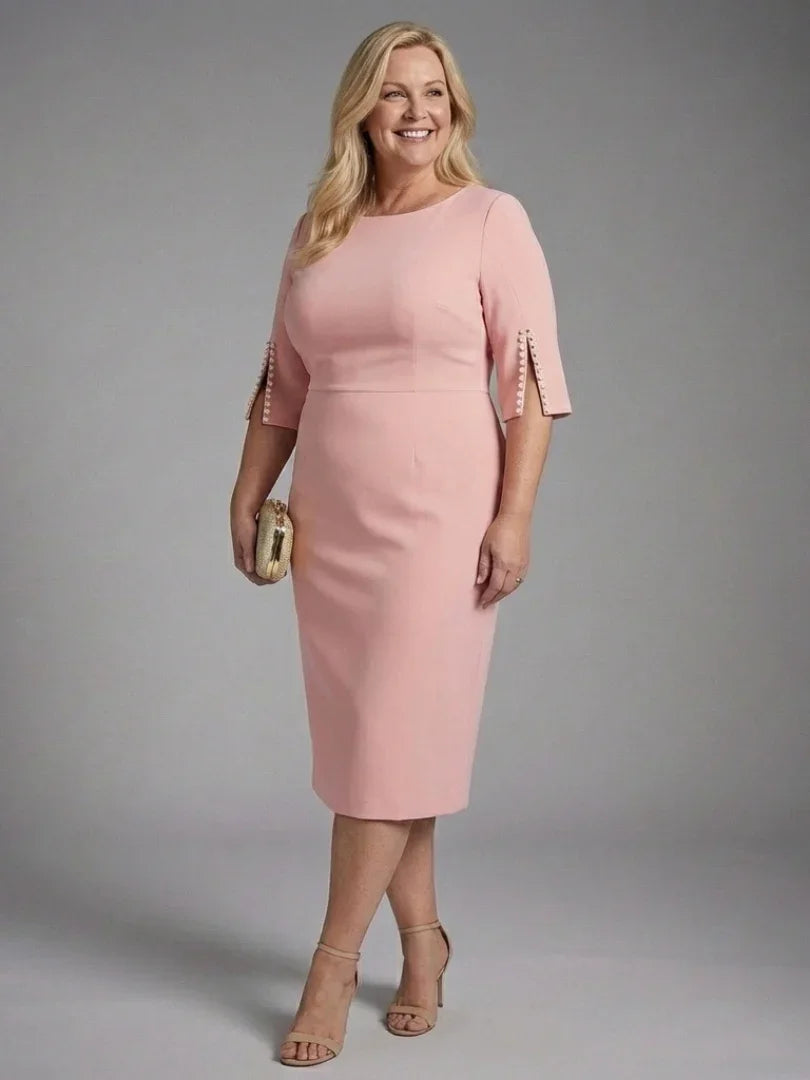 Elegant Midi Dress for Women with Bateau Neck Split Pearl Sleeve Fitted Formal Wedding Guest Style