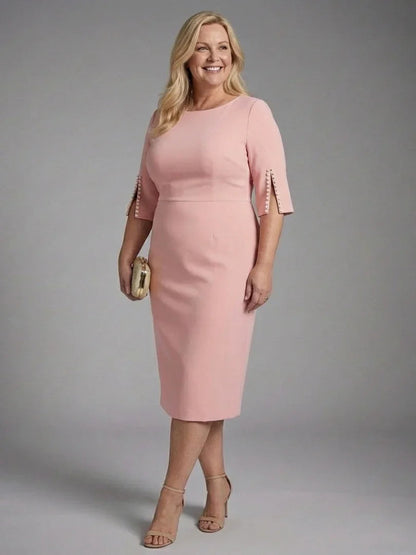Elegant Midi Dress for Women with Bateau Neck Split Pearl Sleeve Fitted Formal Wedding Guest Style