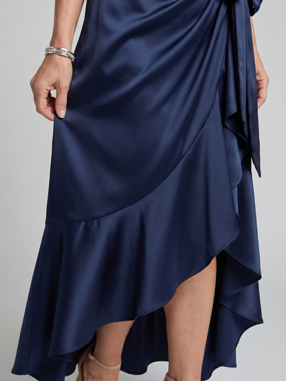 Elegant Champagne Satin Cocktail Dress for Women with Halter Neck Sleeveless Wrap High Low Style