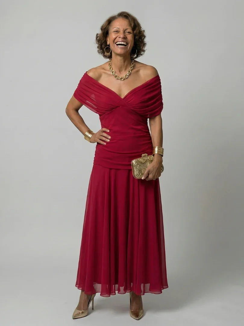 Elegant Midi Dress for Women with Off Shoulder V-Neck Floral Print Ruched Waist Formal Wedding Guest Style