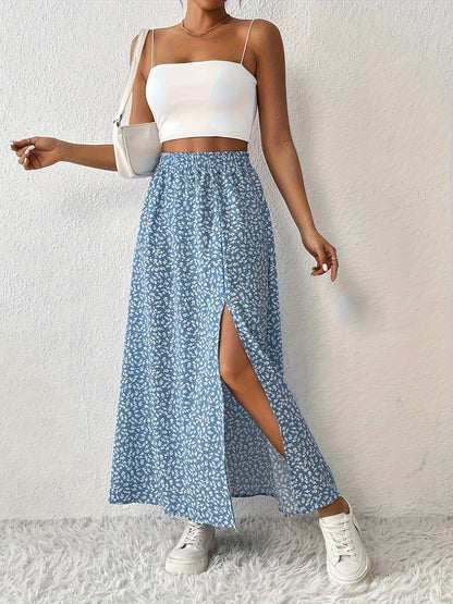 Effortless Blue Floral Maxi Skirt for Women with High Waist Side Slit Flowing Bohemian Style
