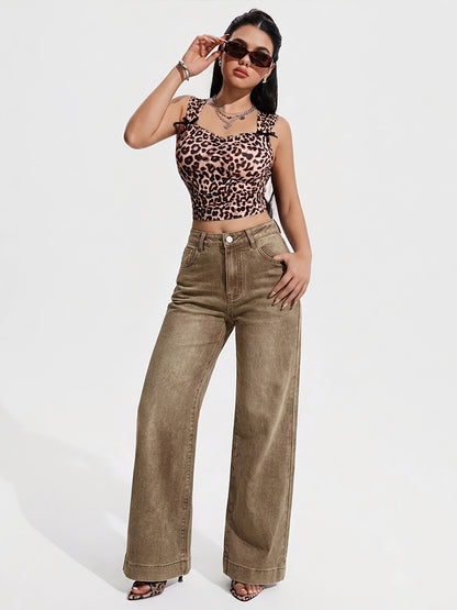 Effortless Brown Wash Flare Jeans for Women with High Waist Button Front Pocket Detail Relaxed Style