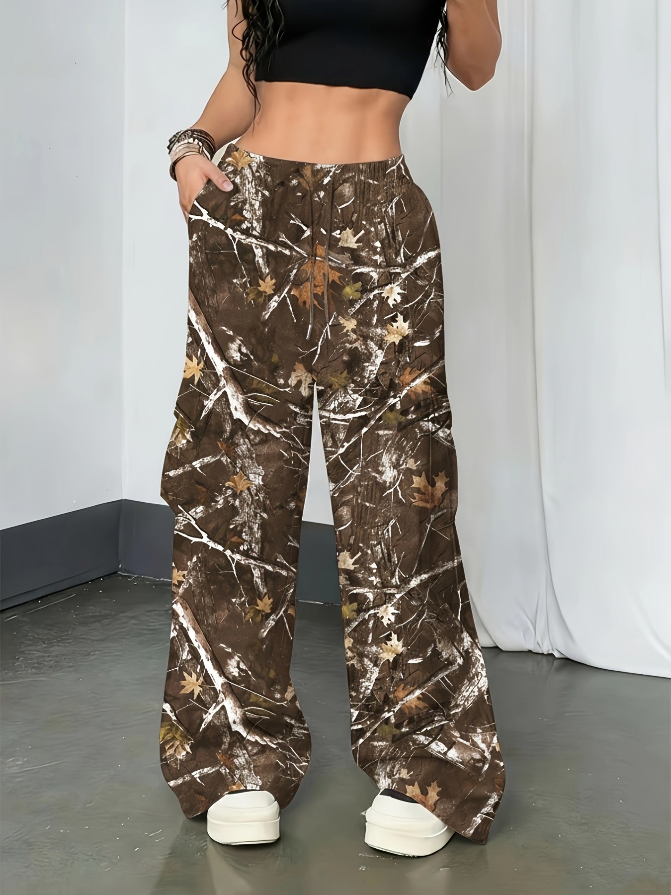 Effortless Camo Pants for Women with High Waist Drawstring Cargo Pocket Wide Leg Relaxed Style