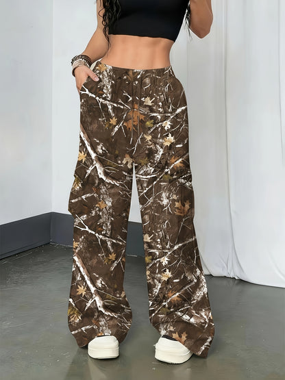 Effortless Camo Pants for Women with High Waist Drawstring Cargo Pocket Wide Leg Relaxed Style